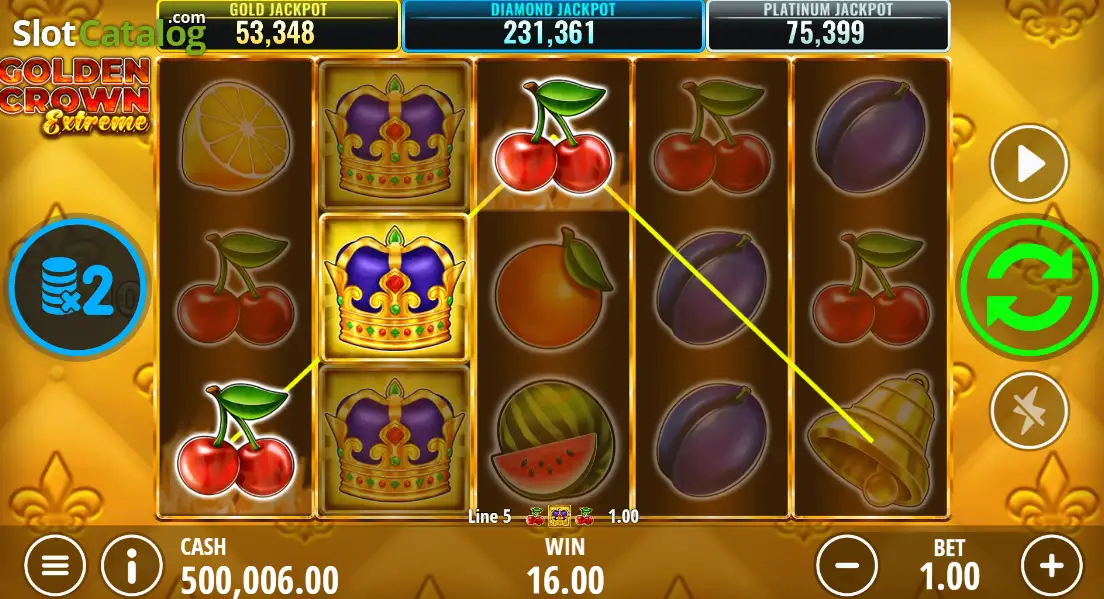 Interfaz de Golden Crown Extreme con los cinco rodillos, la apuesta y los controles de giro